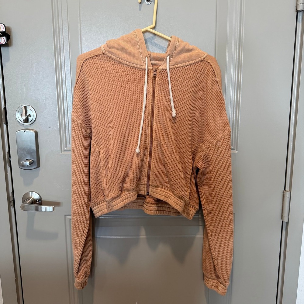Aerie Cropped Waffle Zip Up Hoodie Tan‎ Size Medium